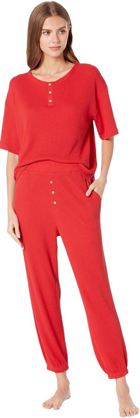 Eberjey Red Cozy Waffle Henley Short Sleeve Long Pants Pajama PJ Set